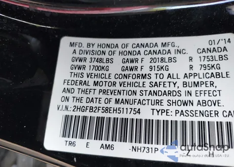 2014 Honda Civic Lx from USA, damaged, VIN 2HGFB2F58EH511754